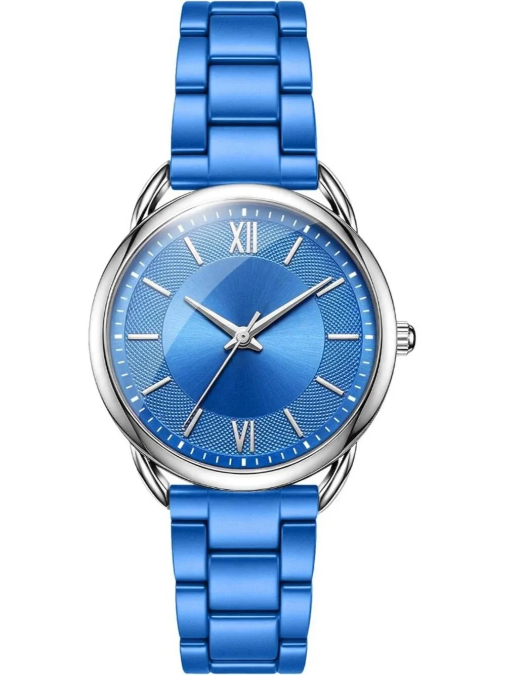 Women's Blue Silver Roman Numeral Dial Analog Alloy Steel Strap  Wrist Watch